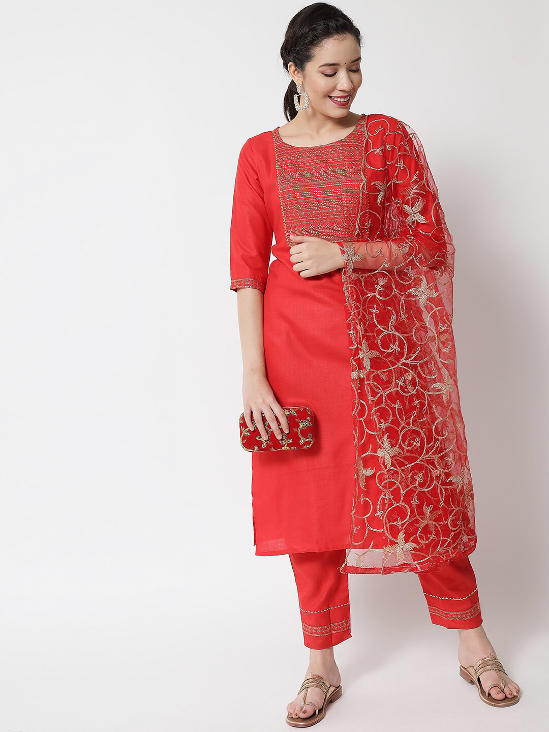 VredeVogel Women Red Panelled Kurta with Trousers & With Dupatta