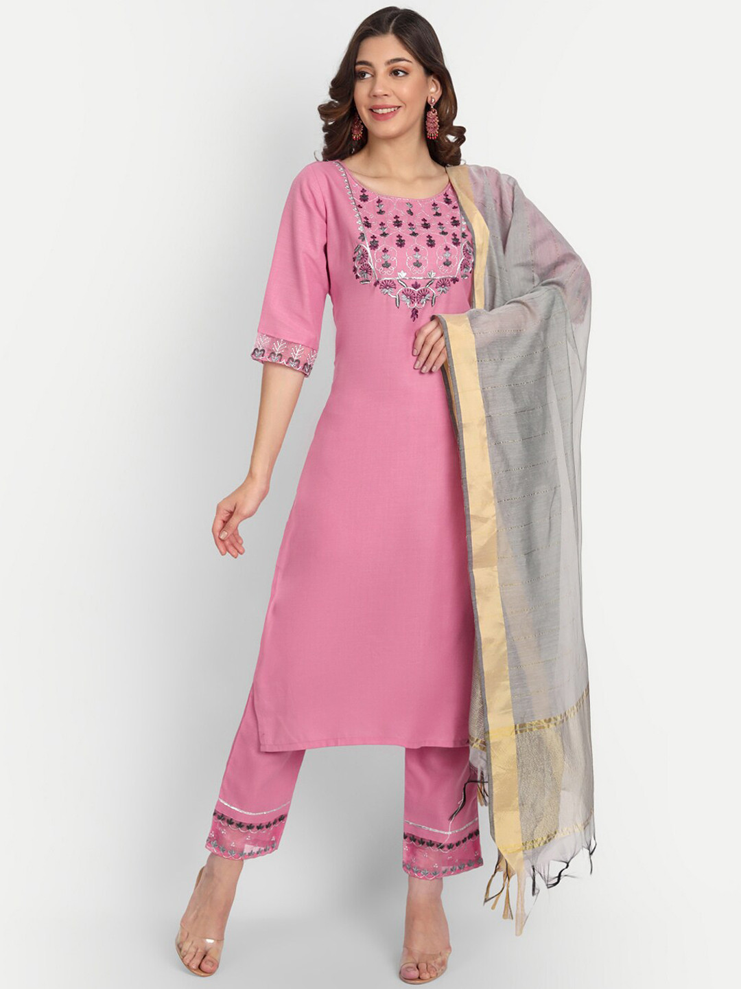 VredeVogel Women Pink Floral Yoke Design Layered Pure Cotton Kurti with Trousers & With Dupatta