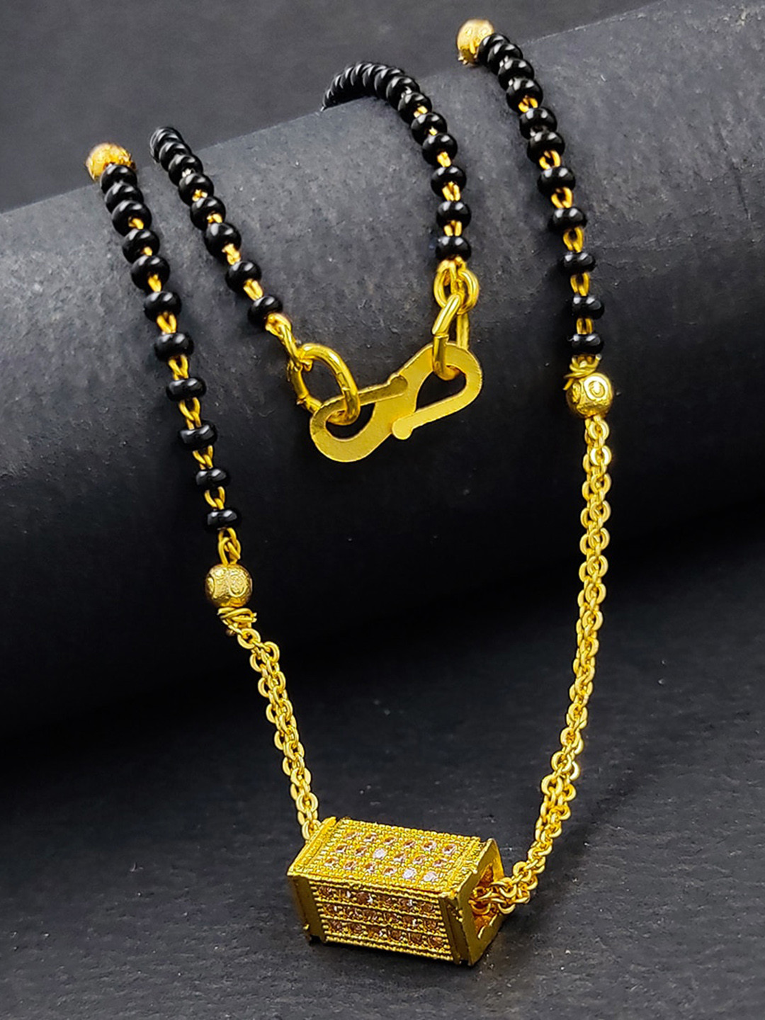 Saizen Gold-Plated AD Studded & Black Beaded Mangalsutra