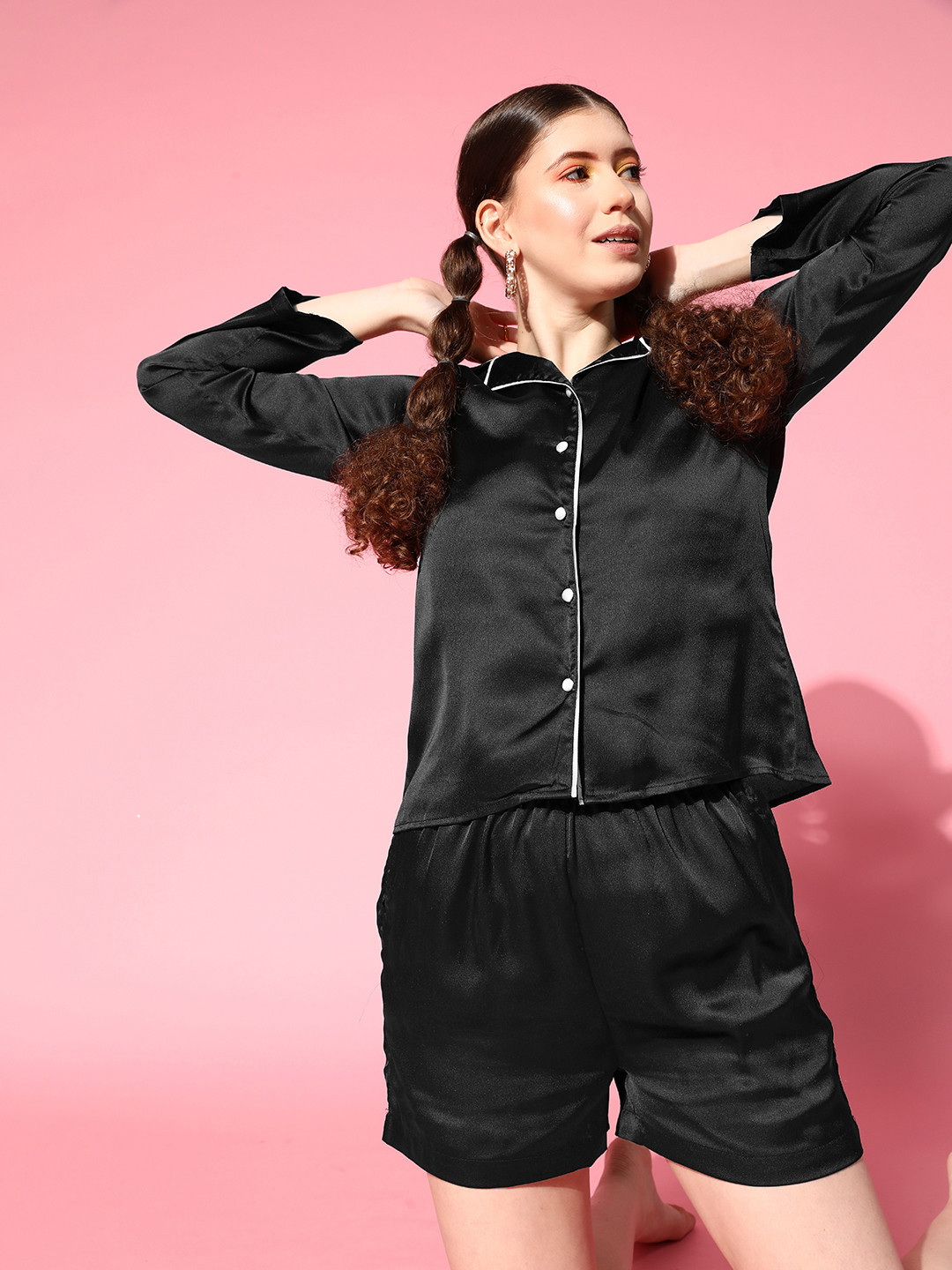 PANIT Women Black  Solid Slumber Together Satin Set Night Suit