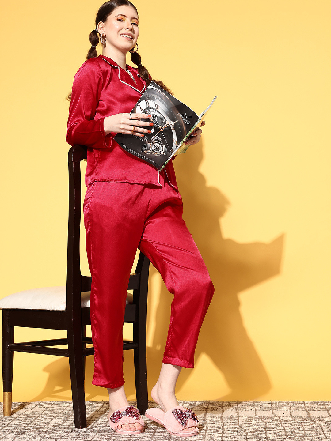 PANIT Women Red  Solid Slumber Together Satin Set Night Suit