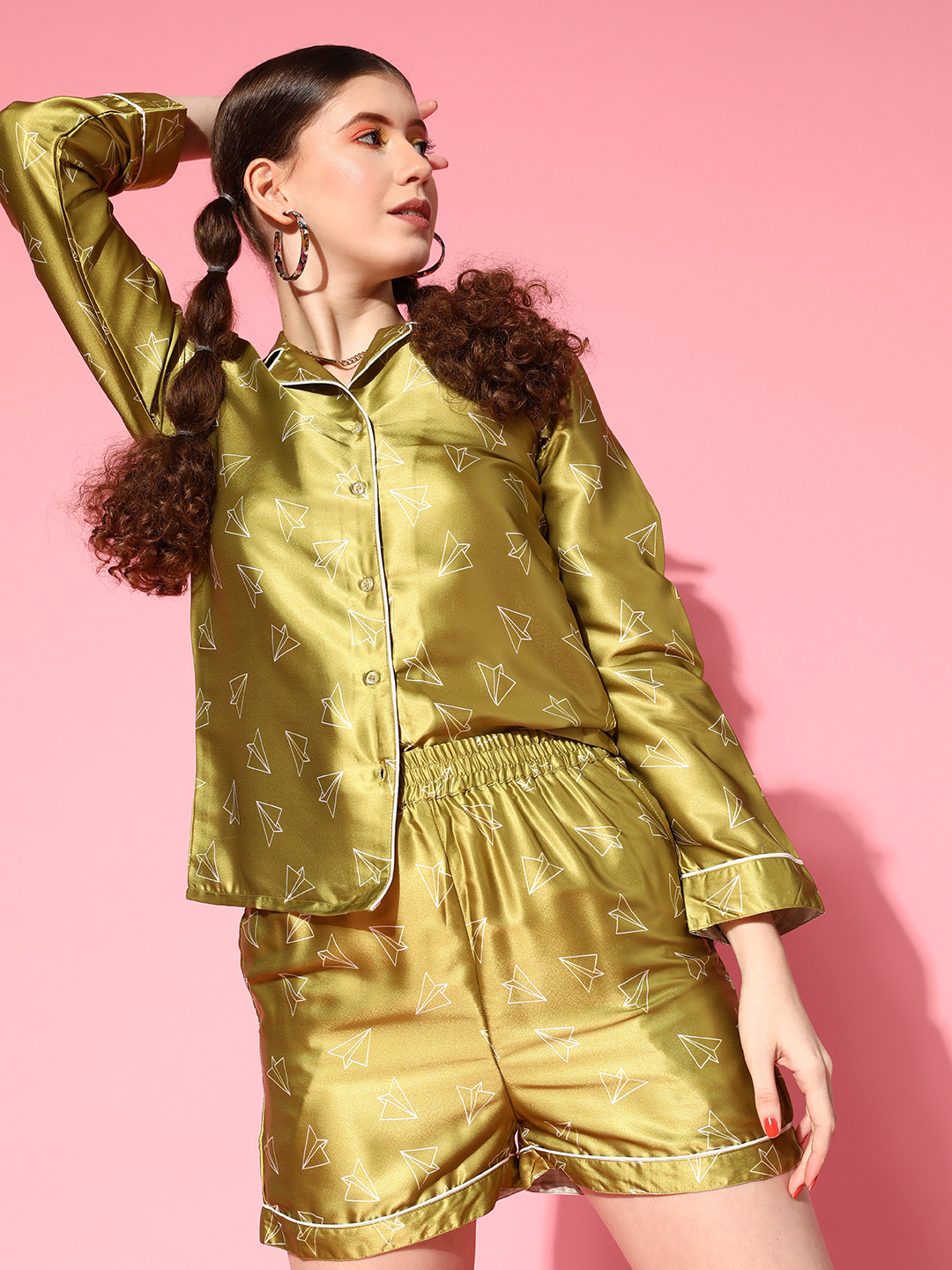 PANIT Women Green  Conversational Slumber Together Satin Set Night Suit