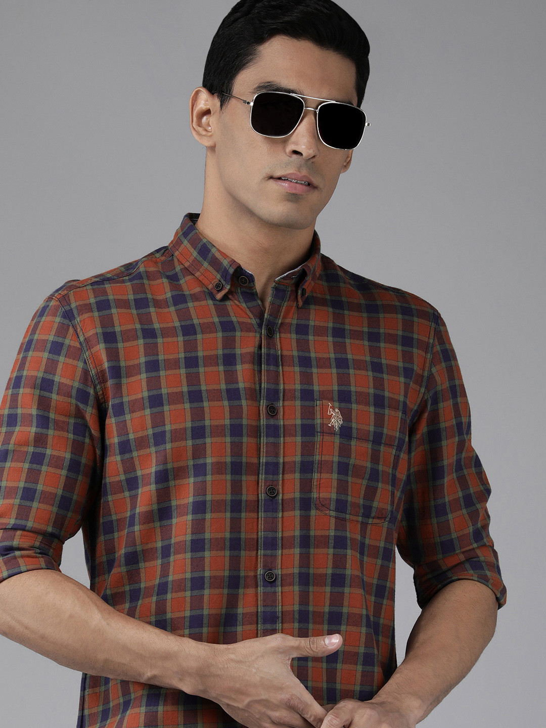 U.S. Polo Assn. Denim Co. Men Rust Orange & Navy Blue Slim Fit Checked Cotton Casual Shirt