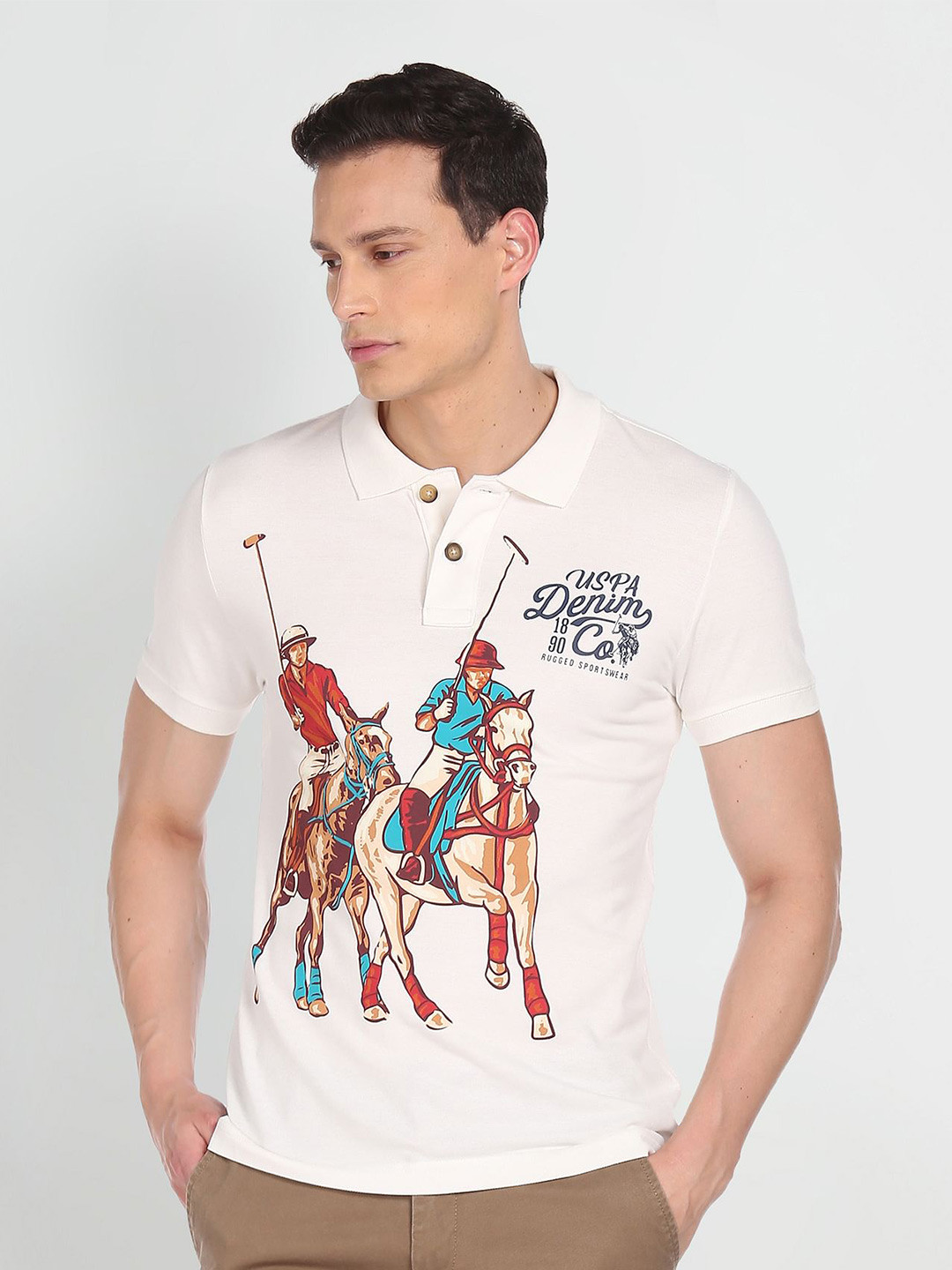 U S Polo Assn Denim Co Men White & Red Printed Polo Collar Pure Cotton T-shirt