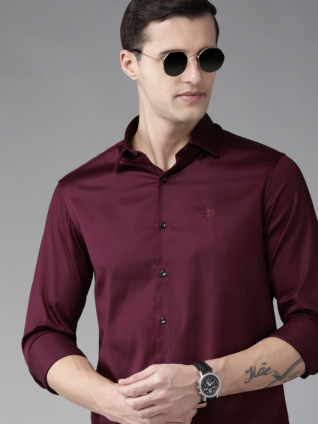 U S Polo Assn Men Maroon Solid Casual Shirt