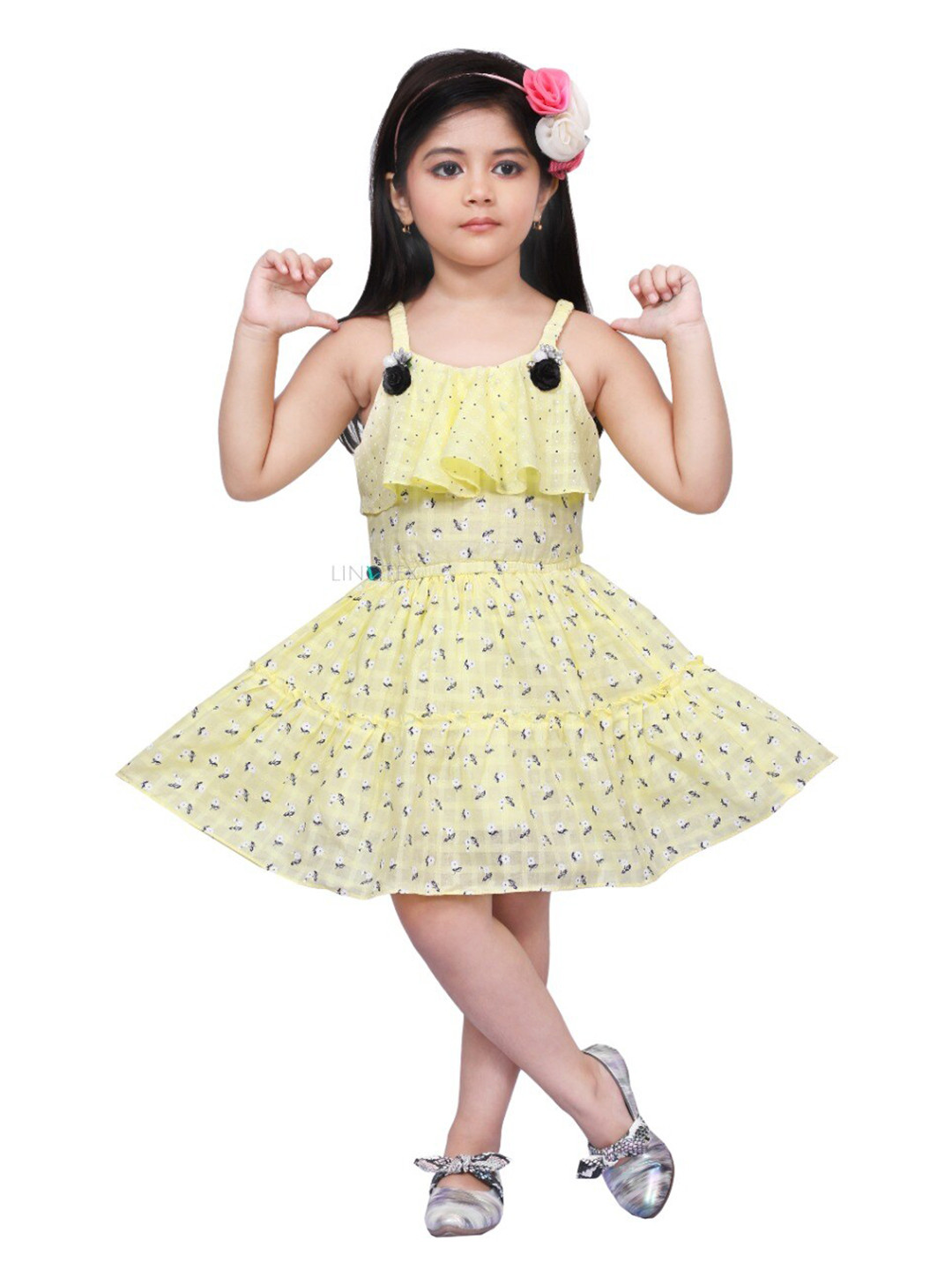 LINOTEX Girls Yellow Floral Fit and Flare Dress