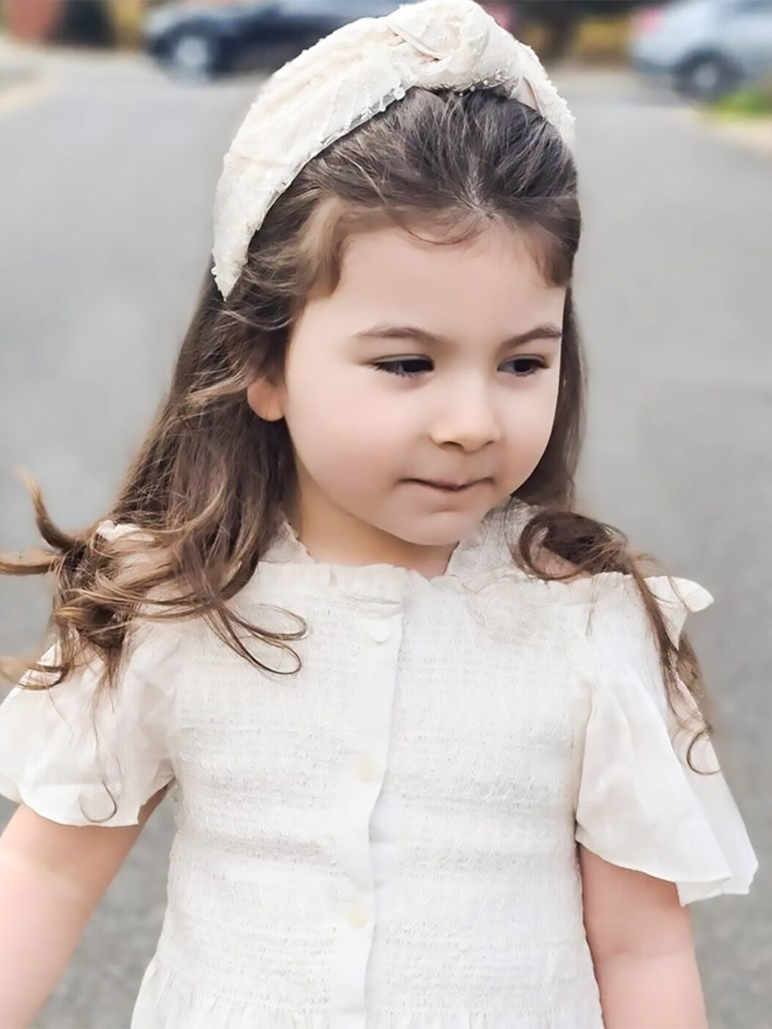 Cherry Crumble Girls Cream Cotton Half Sleeves Self Texture Dobby Porcelain Frill Top