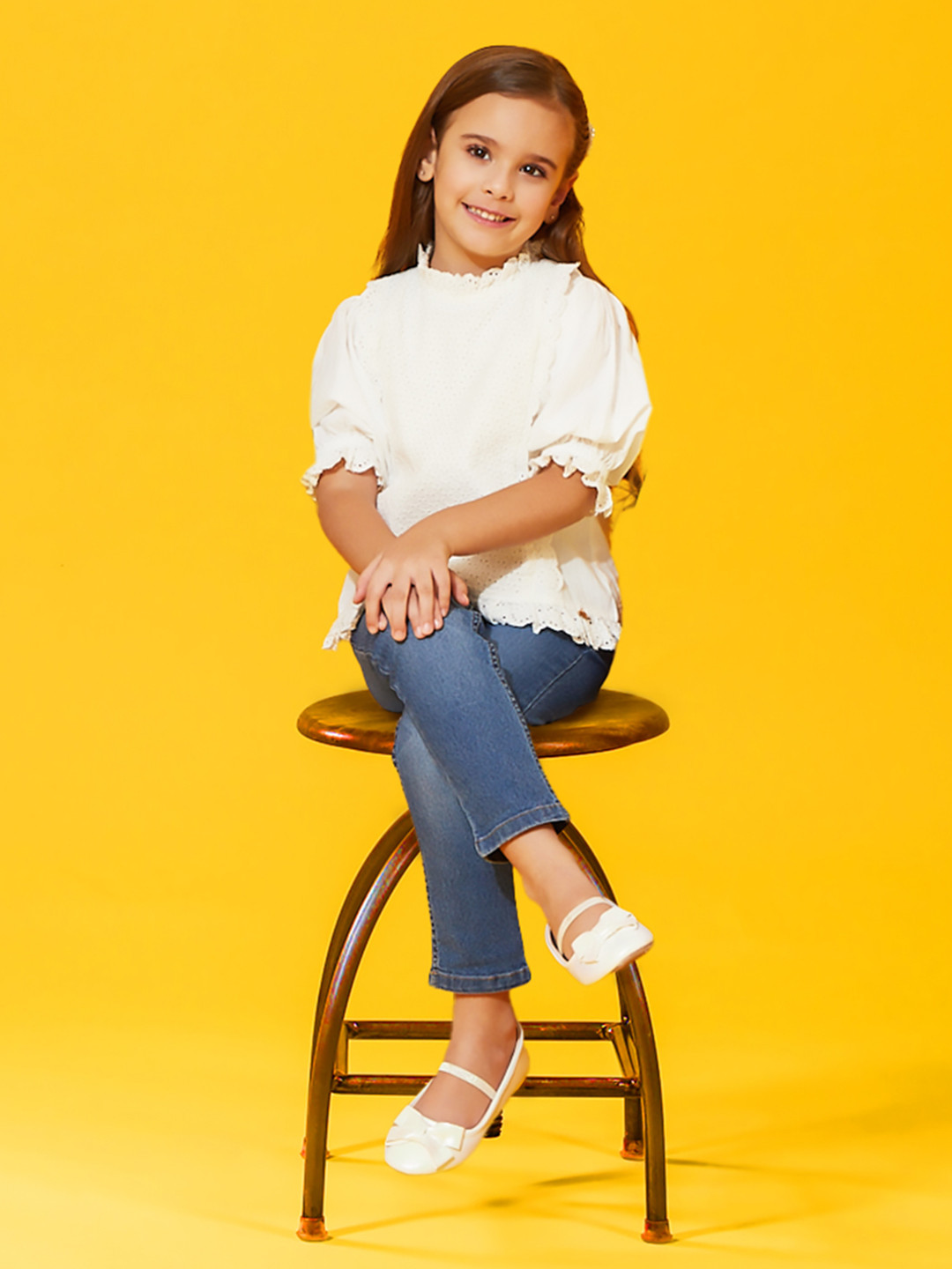 Cherry Crumble Girls White Cotton 3/4th Sleeve Schiffli Puffy Slayer Top