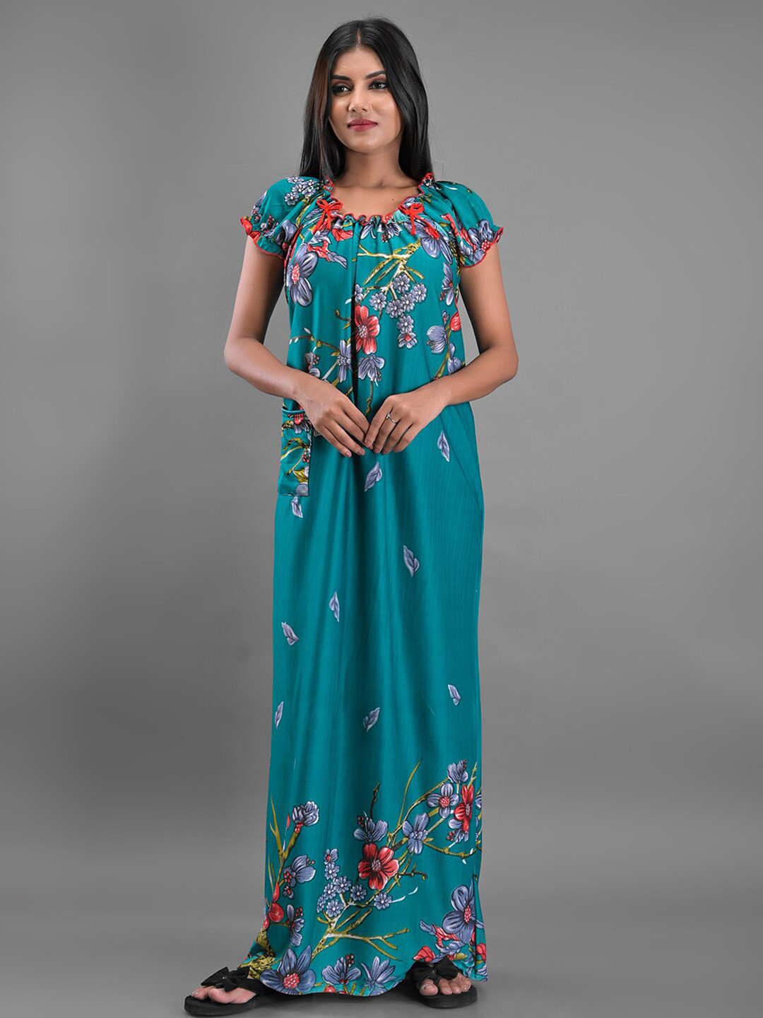 Apratim Sea Green Satin Printed Maxi Nightdress