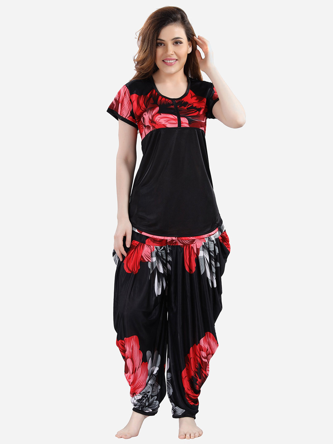 Romaisa Women Red & Black Printed Night suit