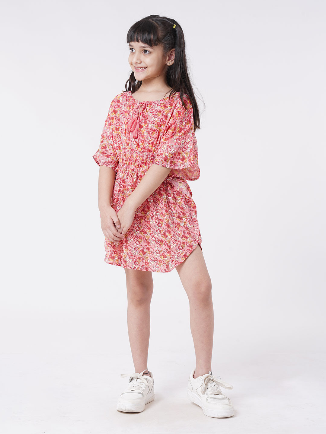 Ed-a-Mamma Pink Ethnic Motifs Tie-Up Neck Kaftan Dress