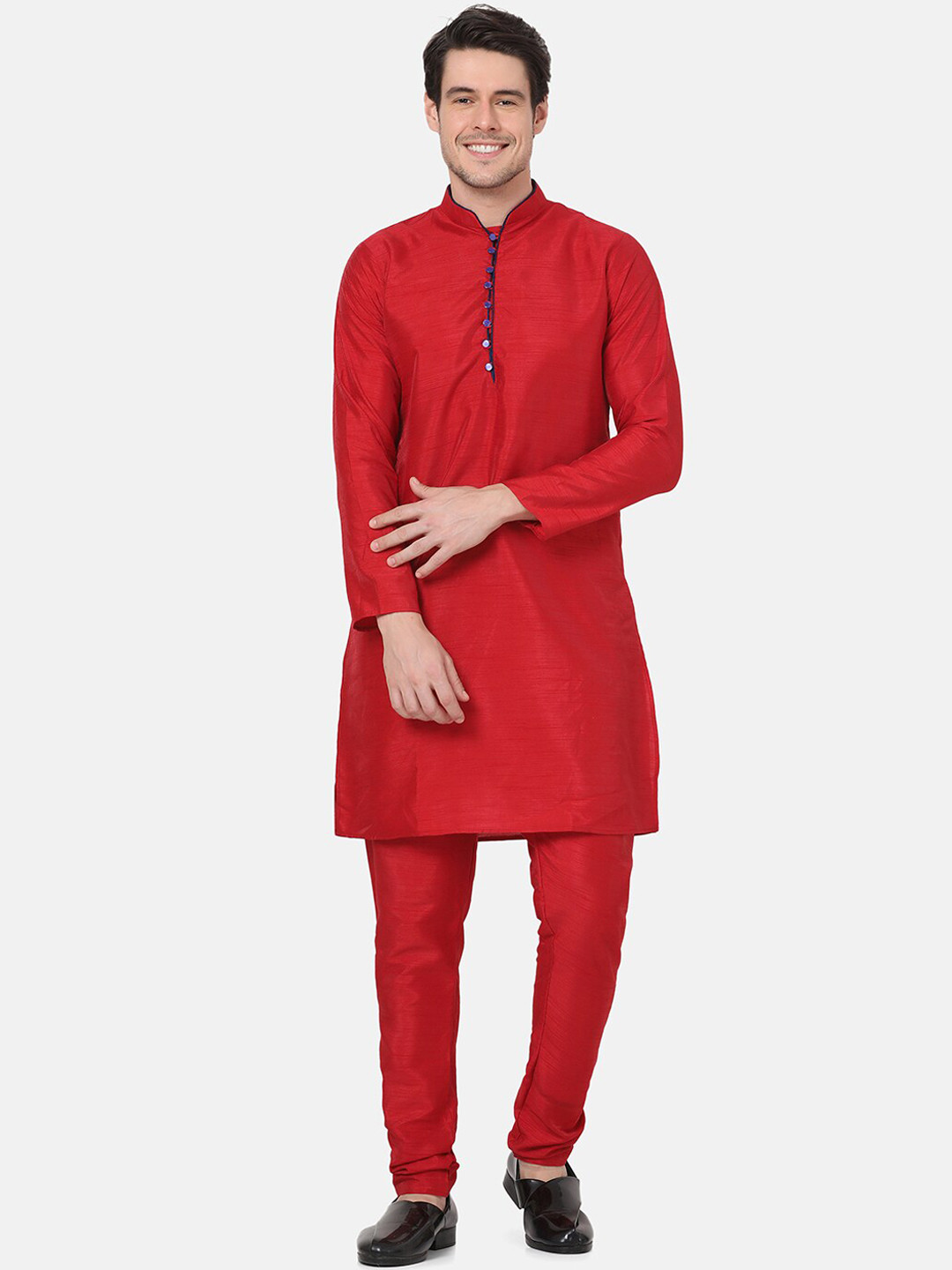 TAHVO Men Red Dupion Silk Kurta with Churidar