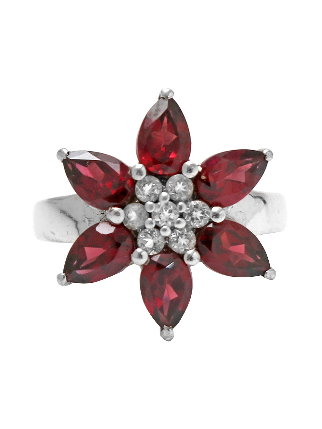 HIFLYER JEWELS Rhodium-Plated Red Garnet & White Topaz Studded Antique Finger Ring