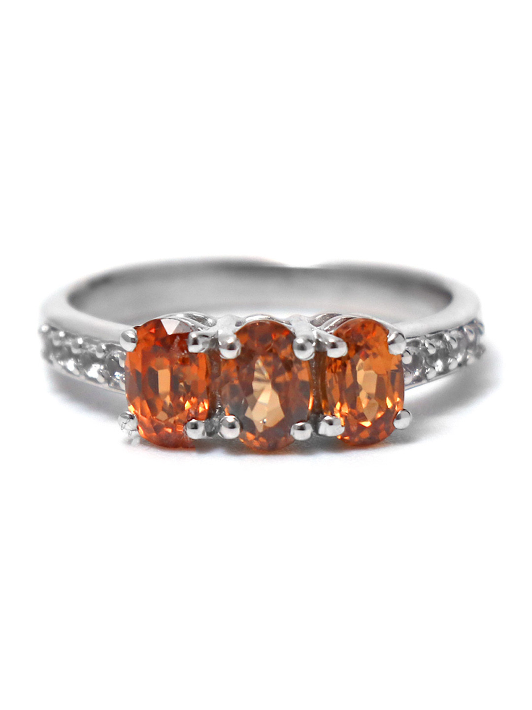 HIFLYER JEWELS Rhodium-Plated Silver-Toned & Orange Topaz-Studded Finger Ring