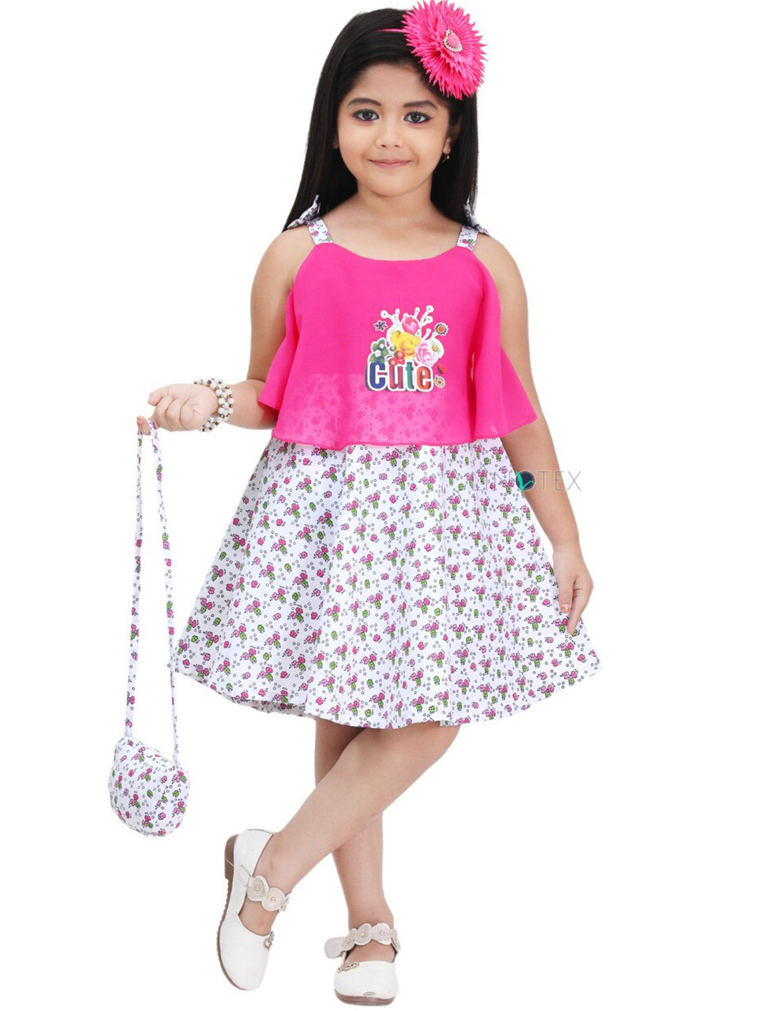LINOTEX Pink & White Floral Pure Cotton A-Line Dress