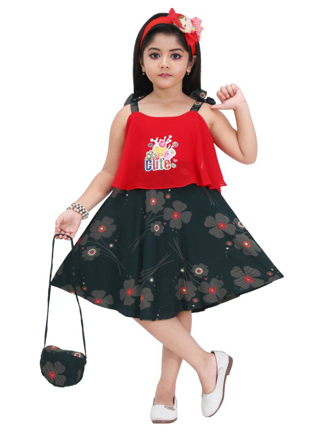 LINOTEX Girl Green & Rd Floral A-Line Dress