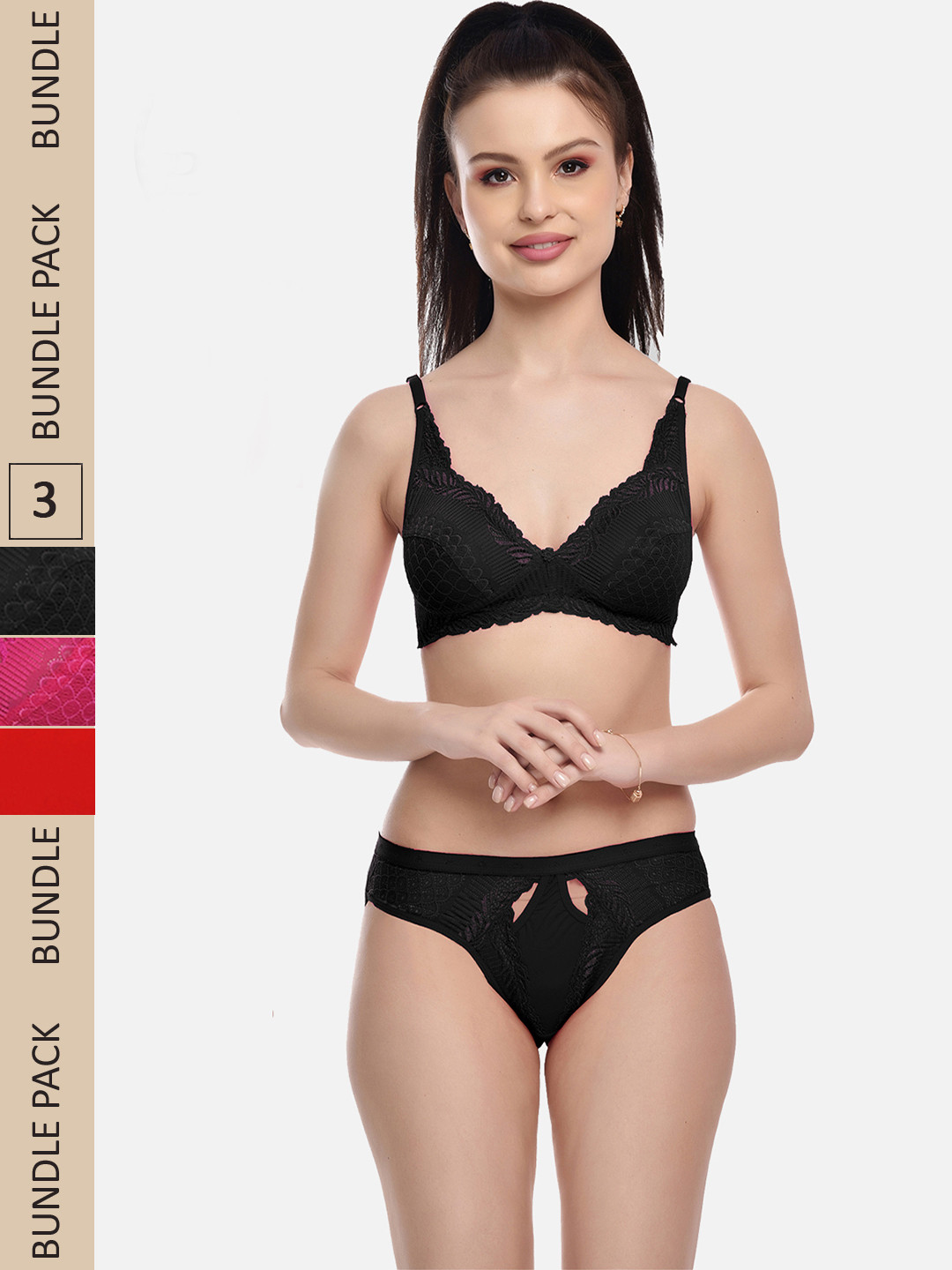 FIMS Women Pack Of 3 Black and Red Self-Design Lingerie Set