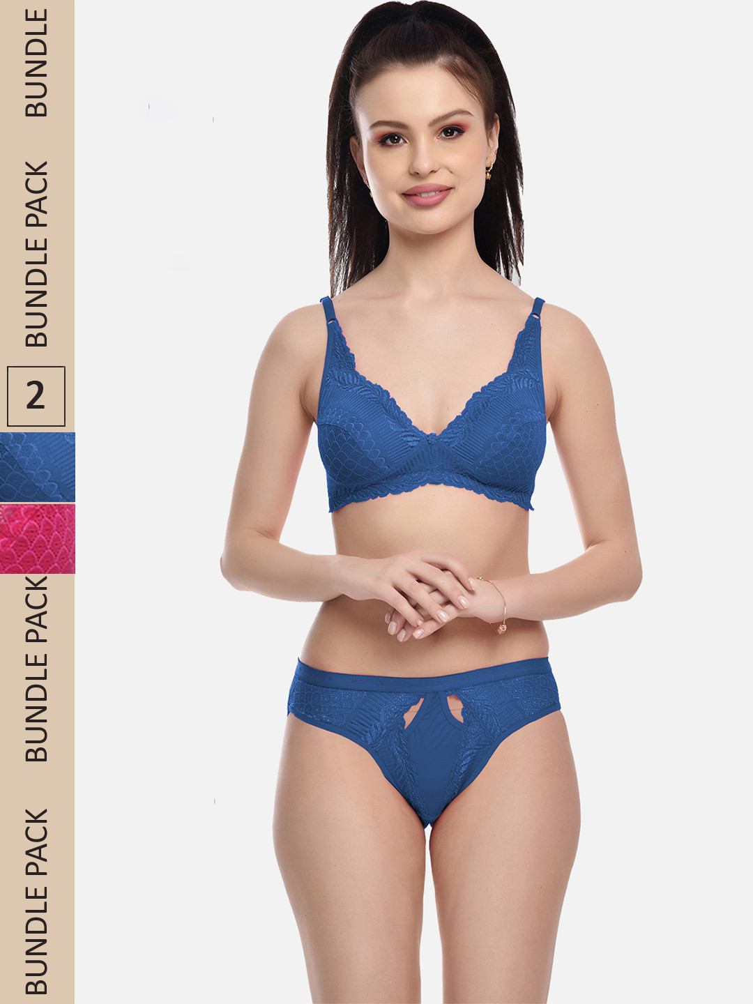 FIMS Women Pack Of 2 Solid Lingerie Set    MTR_Stone_Set_BluePink_B