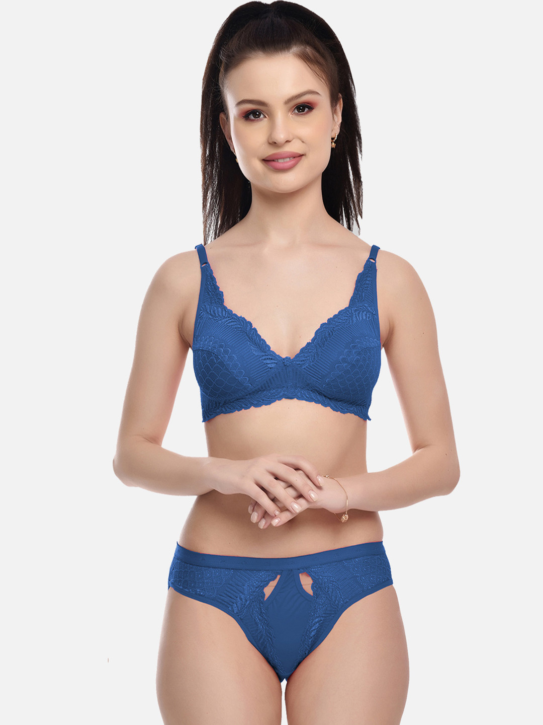 FIMS Women Blue Cotton Lycra Bra & Panty Set Floral Lace Lingerie Set