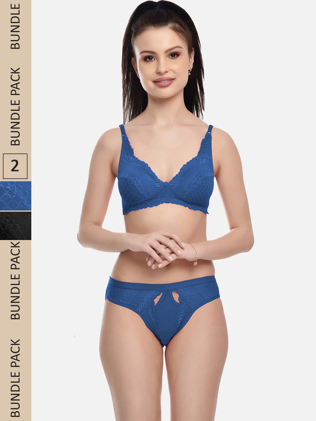 FIMS Women Pack of 2 Black & Blue Self Design Lace Lingerie Se