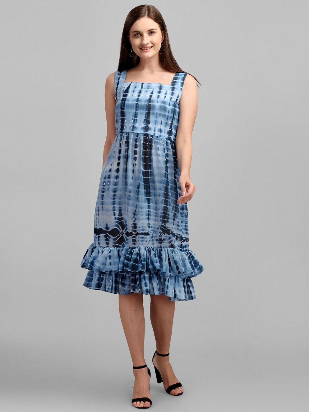 VAANI CREATION Blue Tie and Dye Dyed Georgette A-Line Dress