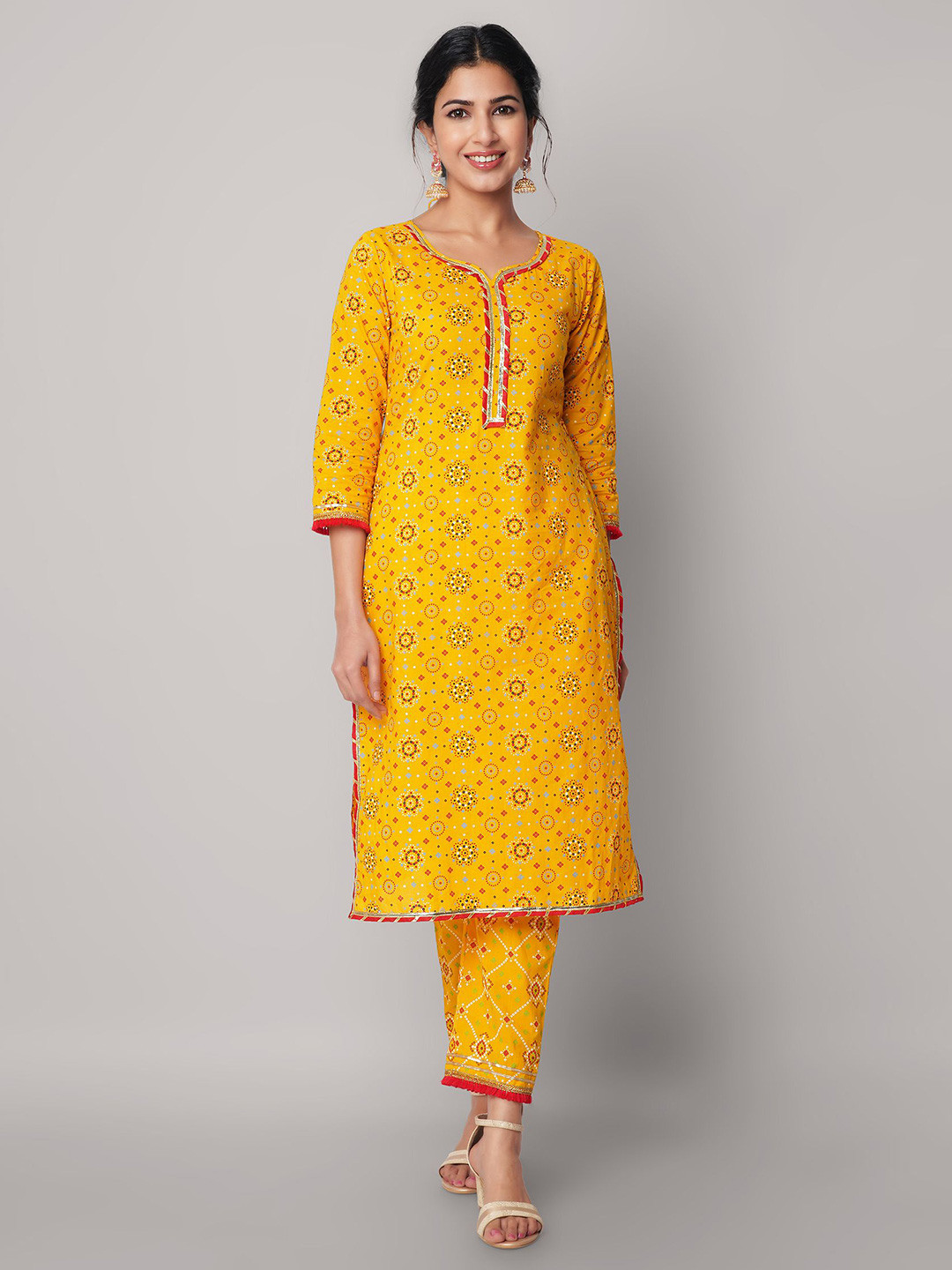 God Bless Women Yellow Ethnic Motifs Printed Pure Cotton Kurta with Trousers