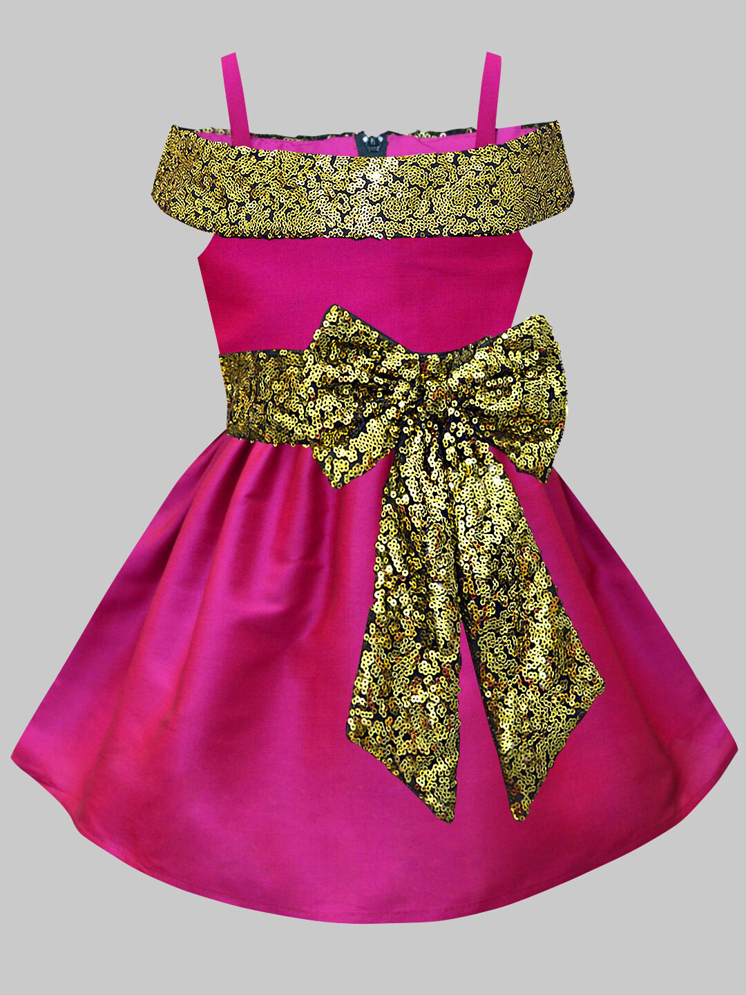 A T U N Girls Fuchsia & Gold Off shoulder Party Dress