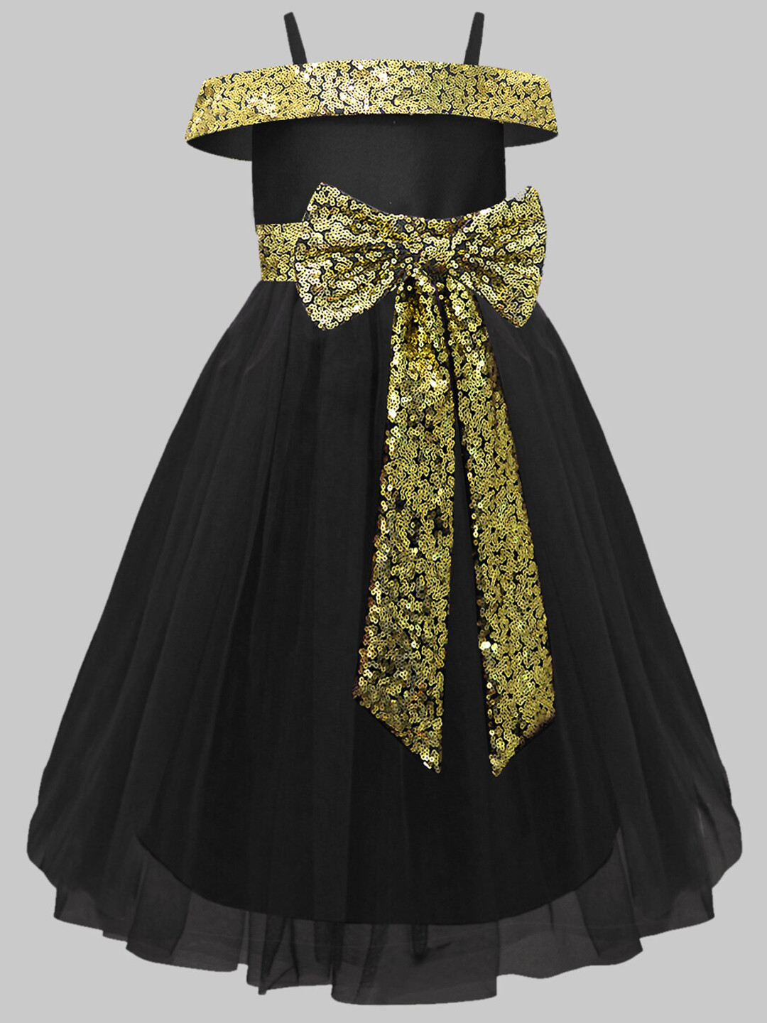 A T U N Girls Girls Off shoulder  Black & Gold Net Maxi Dress