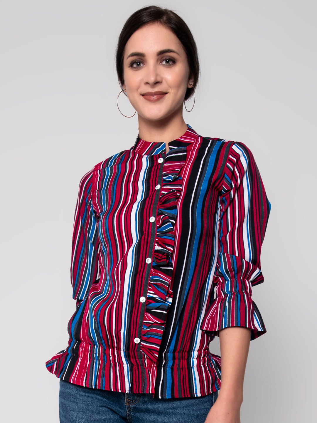 God Bless Maroon & Blue Striped Mandarin Collar Shirt Style Top