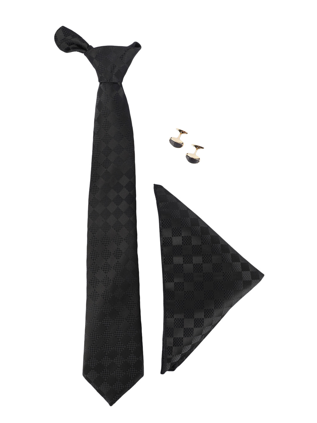 MENSOME Men Black Neck Tie With Cufflinks And Pocket Square In Wooden Gift Box