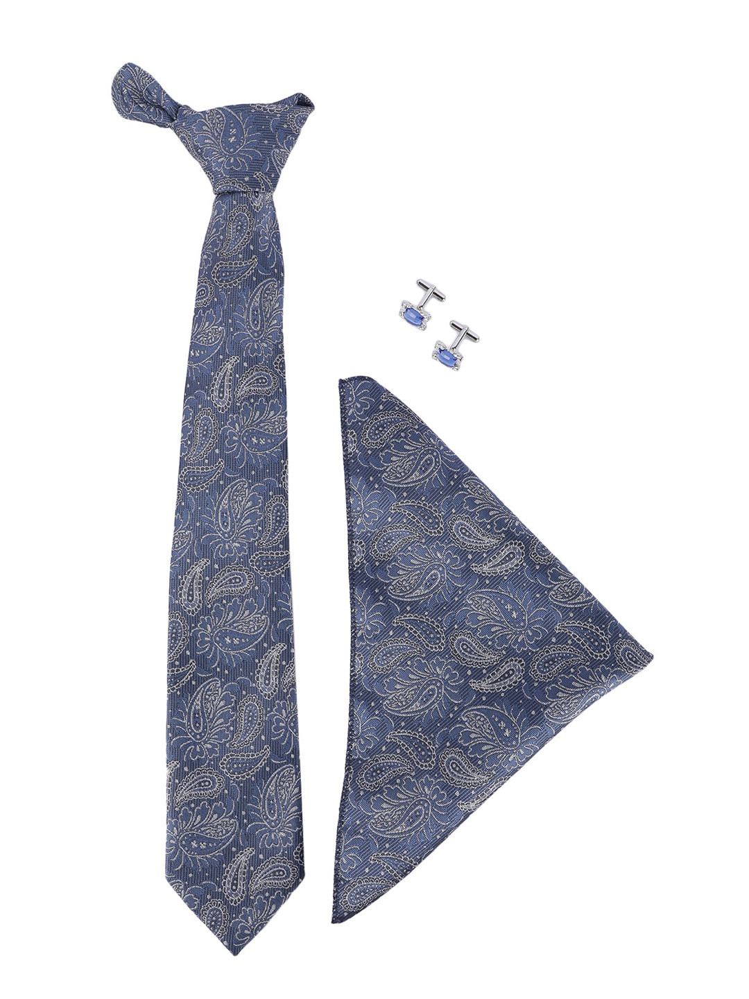 MENSOME Blue Cotton Silk Neck Tie With Cufflinks & Pocket Square