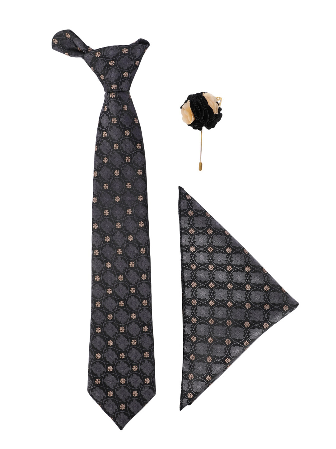 MENSOME Men Black Neck Tie with Flower Brooch & Pocket Square in Wooden Gift Box