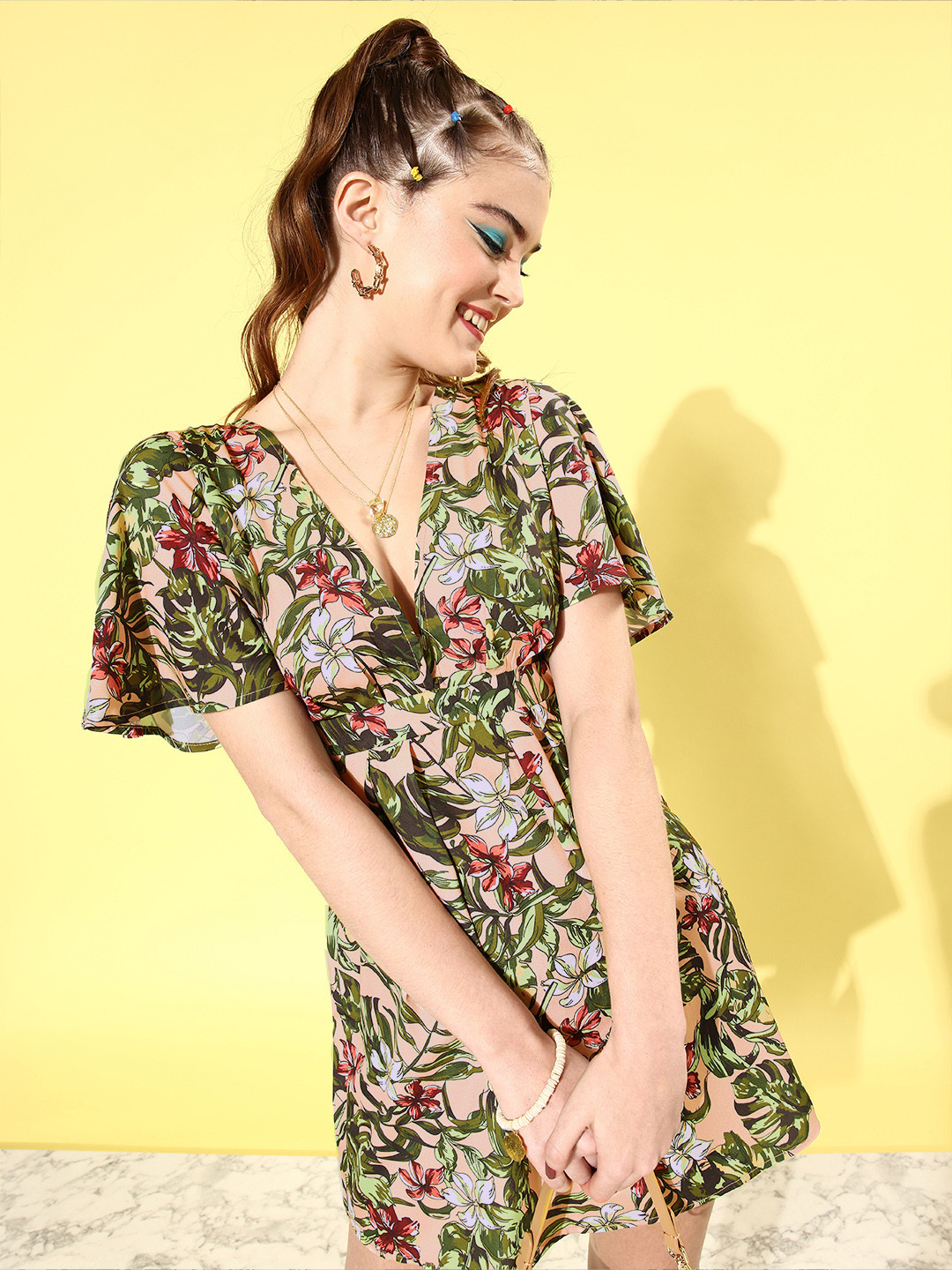 KASSUALLY Women Peach Floral Resort Wear Dress