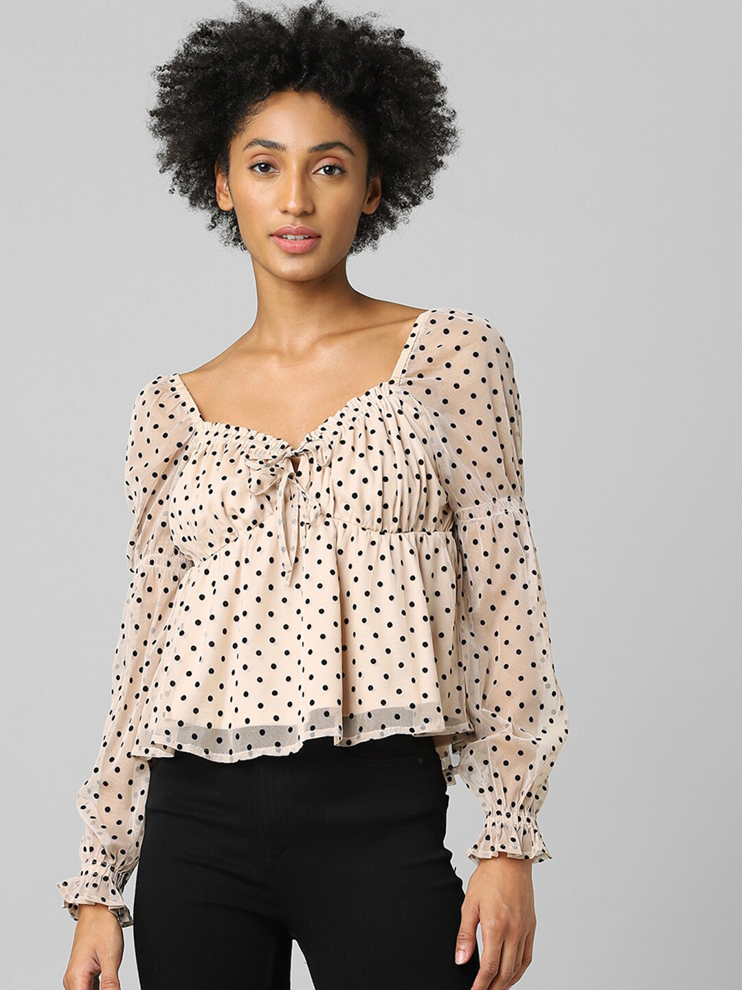 ONLY Beige Print Sweetheart Neck Peplum Top