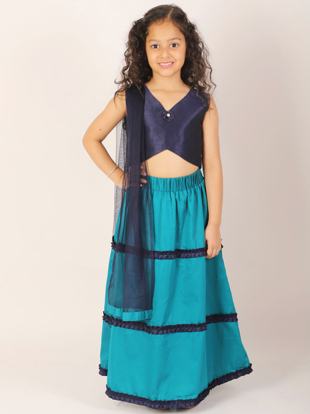 JBN Creation Girls Turquoise Blue Embellished Beads and Stones Ready to Wear Lehenga & Blouse With Dupatta