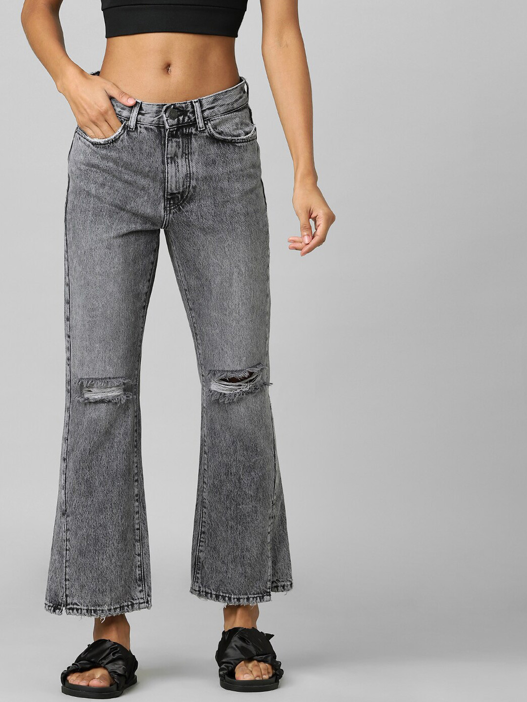 ONLY Women Black Bootcut Slash Knee Jeans