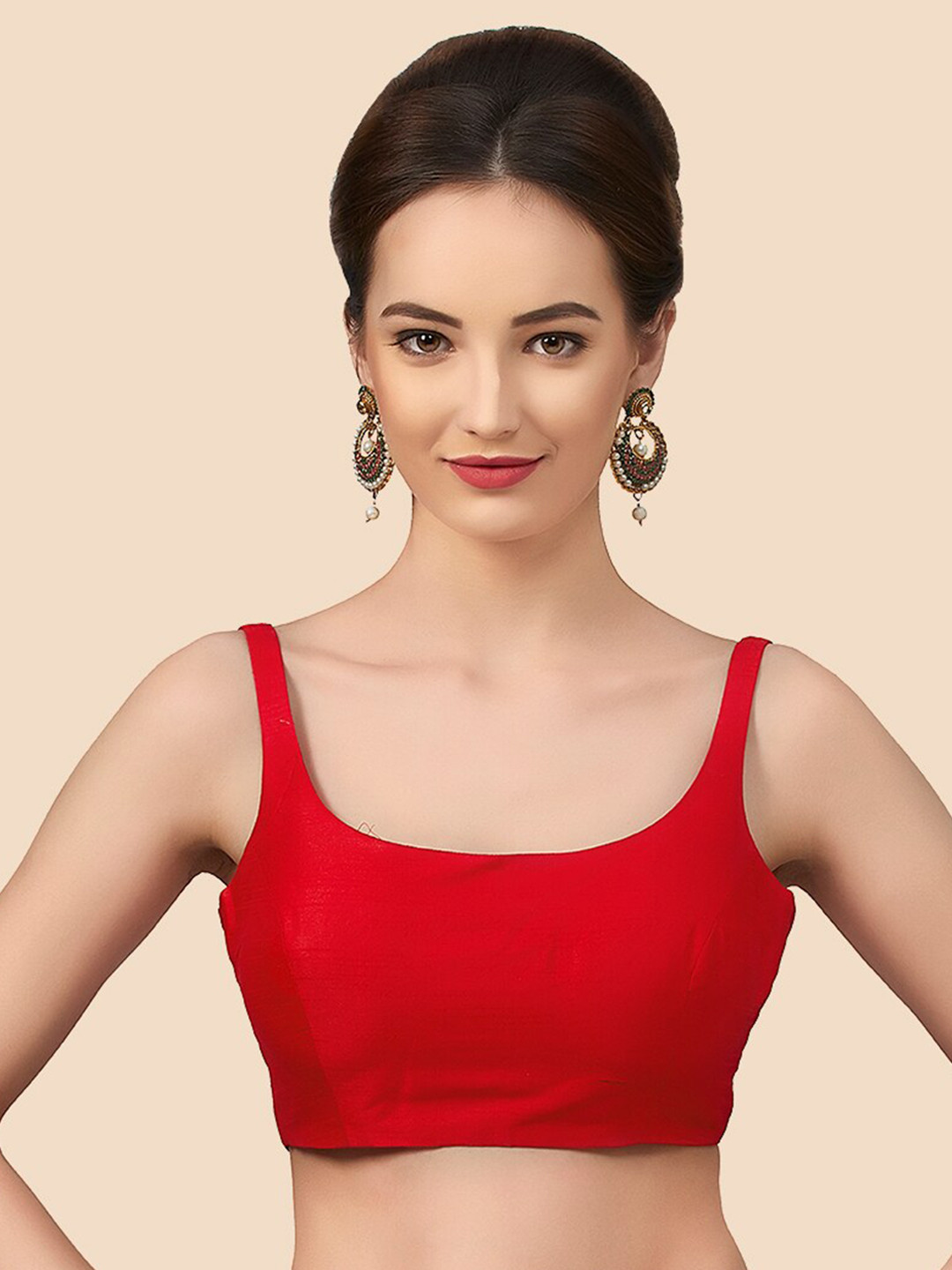 neckbook Red Solid Raw-Silk Padded Saree Blouse