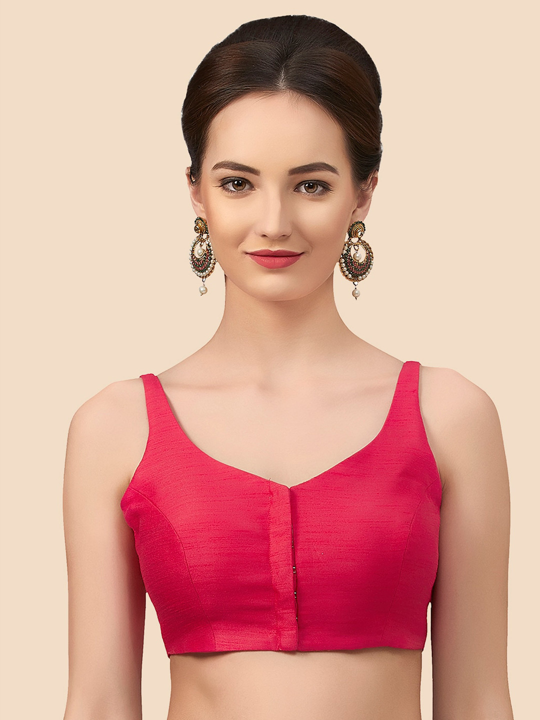 Neckbook Pink Solid Raw-Silk Padded Saree Blouse