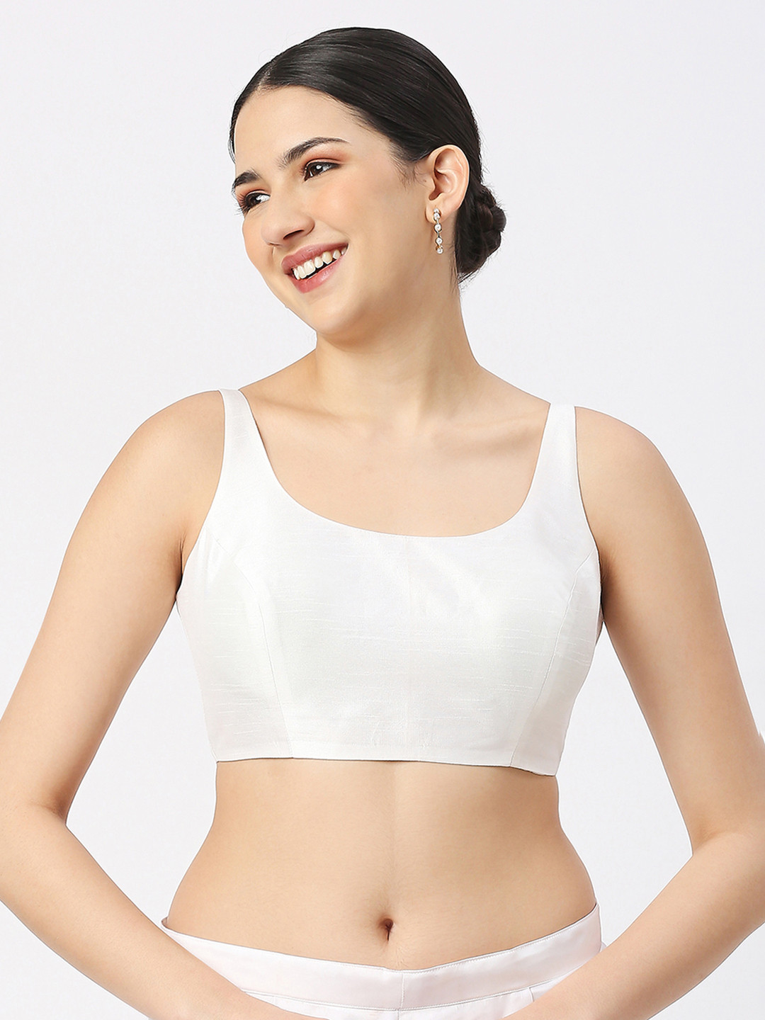 neckbook Women White Solid Raw Silk Spaghetti Princess Saree Blouse