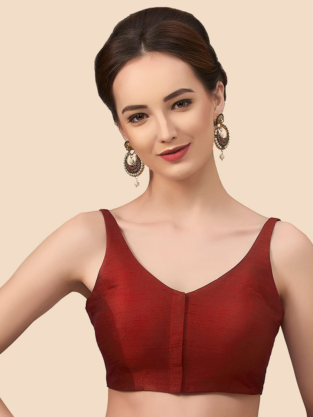 neckbook Maroon Solid Raw-Silk Princess Cut Padded Saree Blouse