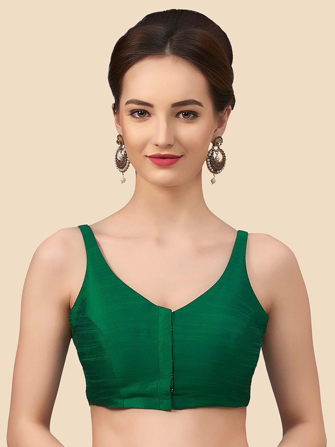 neckbook Women Green Solid Raw-Silk  Padded Saree Blouse