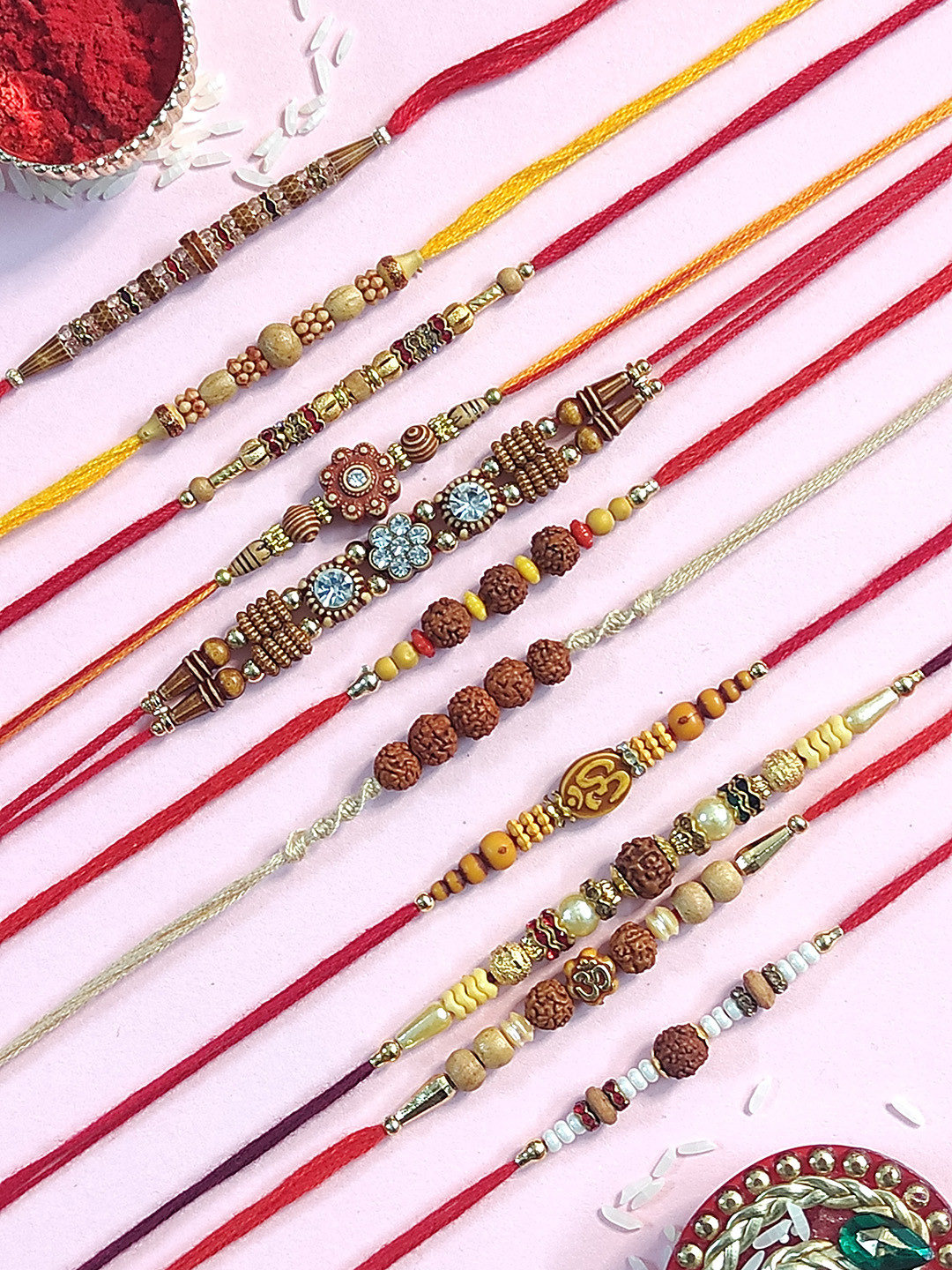 CRAYTON Men Set Of 11 Gold-Toned & White Stone-Studded & Beaded Rakhi