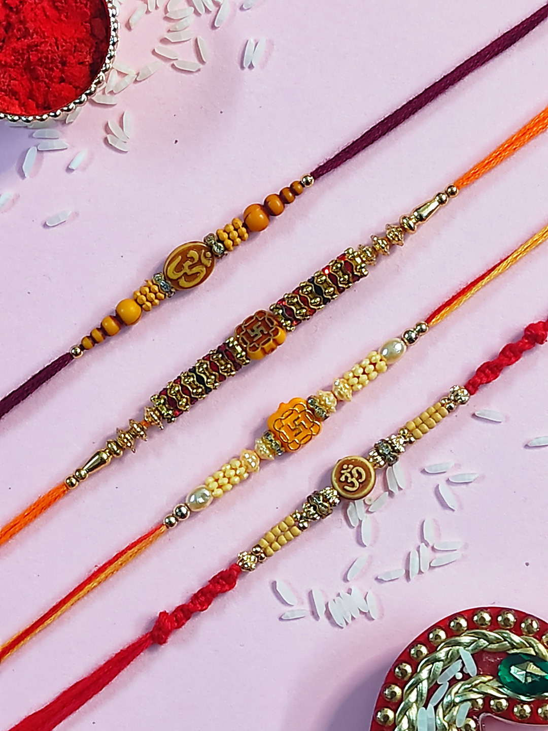 CRAYTON Men Set Of 4 Gold-Toned White & Pink Stone-Studded & Beaded Rakhi