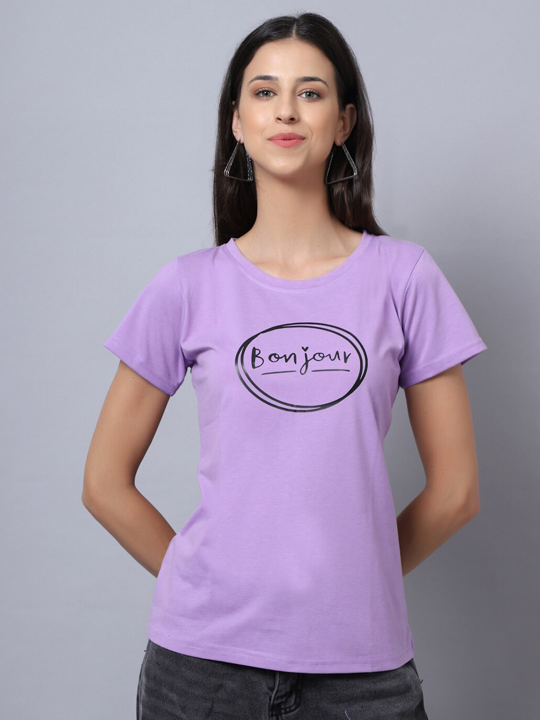 UnaOne Women Lavender Typography Printed Regular Fit Cotton T-shirt
