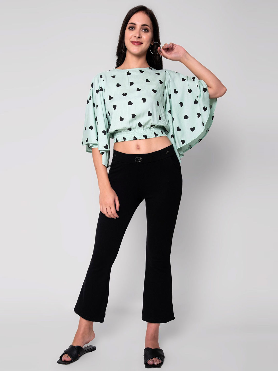 God Bless Green Heart Print Flared Bell Sleeves Crop Top