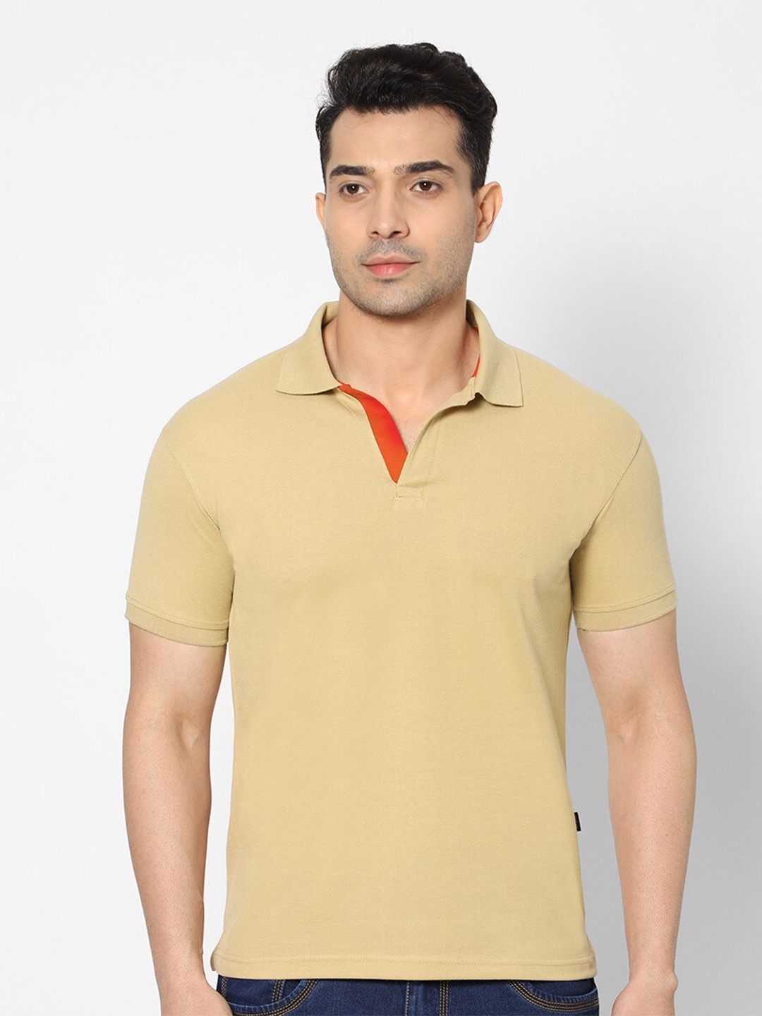 HJ HASASI Men Khaki & buff Polo Collar Slim Fit T-shirt