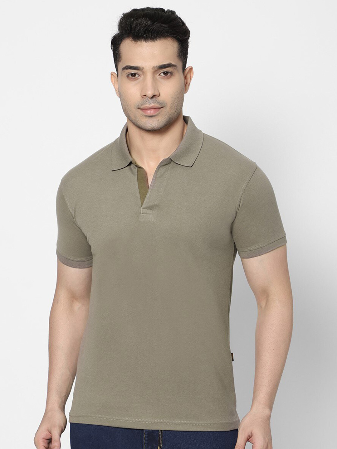 HJ HASASI Men Grey & tuffet Polo Collar Applique Slim Fit T-shirt