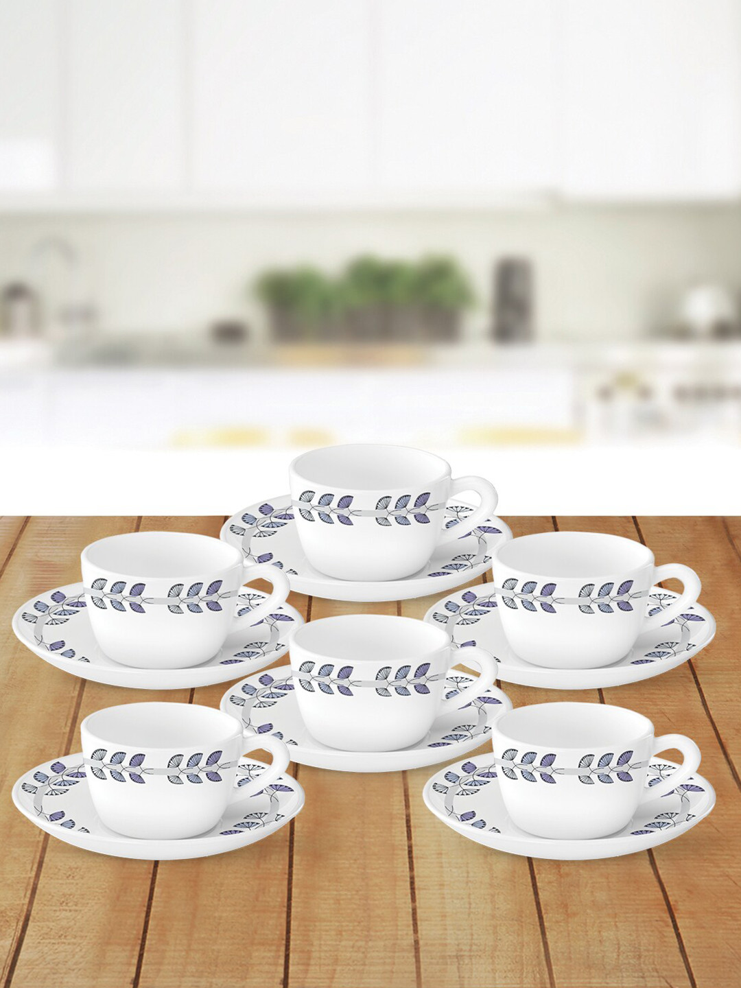 Larah by BOROSIL White & Blue Printed Opalware Glossy Cups and Saucers Set of Cups and Mugs