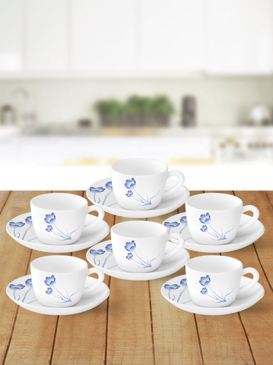 Larah by BOROSIL Set Of 6 White & Blue Printed Opalware Glossy Cups and Saucers Set