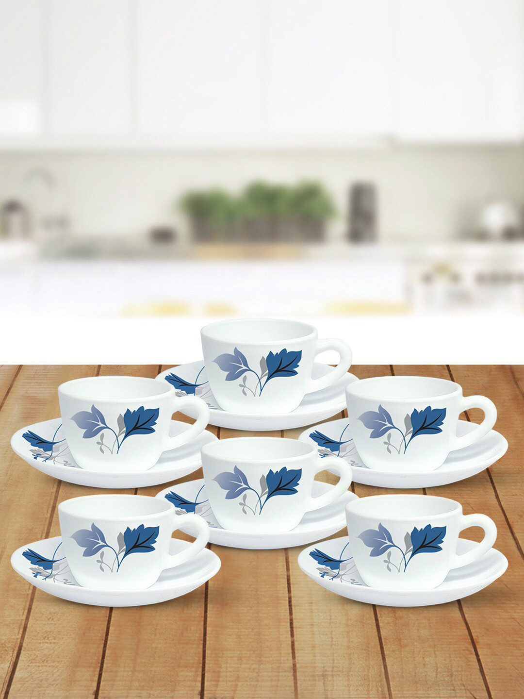 Larah by BOROSIL White & Blue Printed Opalware Glossy Cups and Saucers Set of Cups and Mugs
